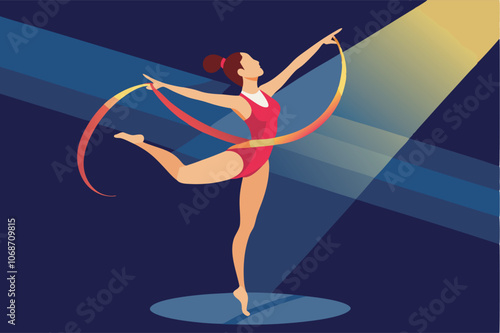 A girl in a red leotard and white shorts performs rhythmic gymnastics with a ribbon on a stage. Her graceful pose, illuminated by yellow and blue lights, showcases her flexibility and skill.