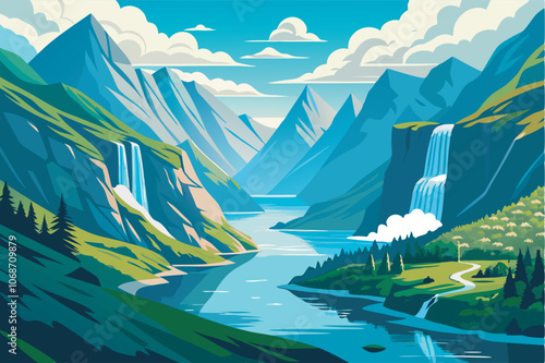 A serene natural landscape with a vibrant river, waterfalls, and lush mountains. Blue skies and mist contribute to a tranquil Norwegian-inspired scenery.