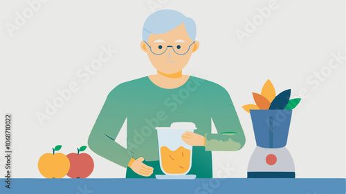 Elderly man blends carrots, fruits, and veggies for juice in a cozy setting with apples and oranges on table. Warm, homely vibe with yellow background.