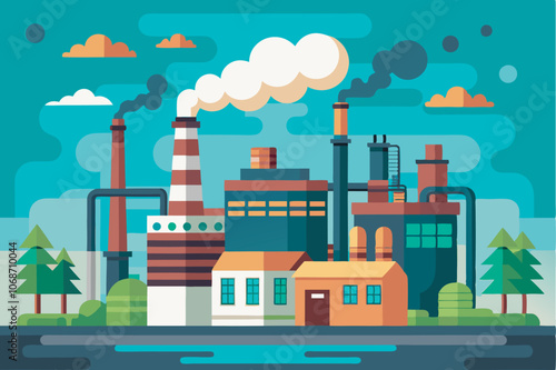 Illustration shows a factory with smokestacks polluting the air and a river nearby. Trees, a car, and a truck suggest activity. Theme is environmental worry.