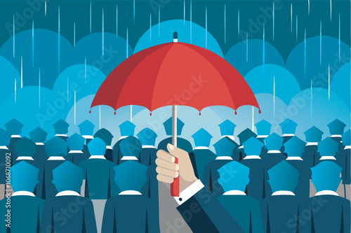 A crowd with blue umbrellas, except one person with a red umbrella, stands out in the rain. The red umbrella-wielder becomes the focal point in the image.