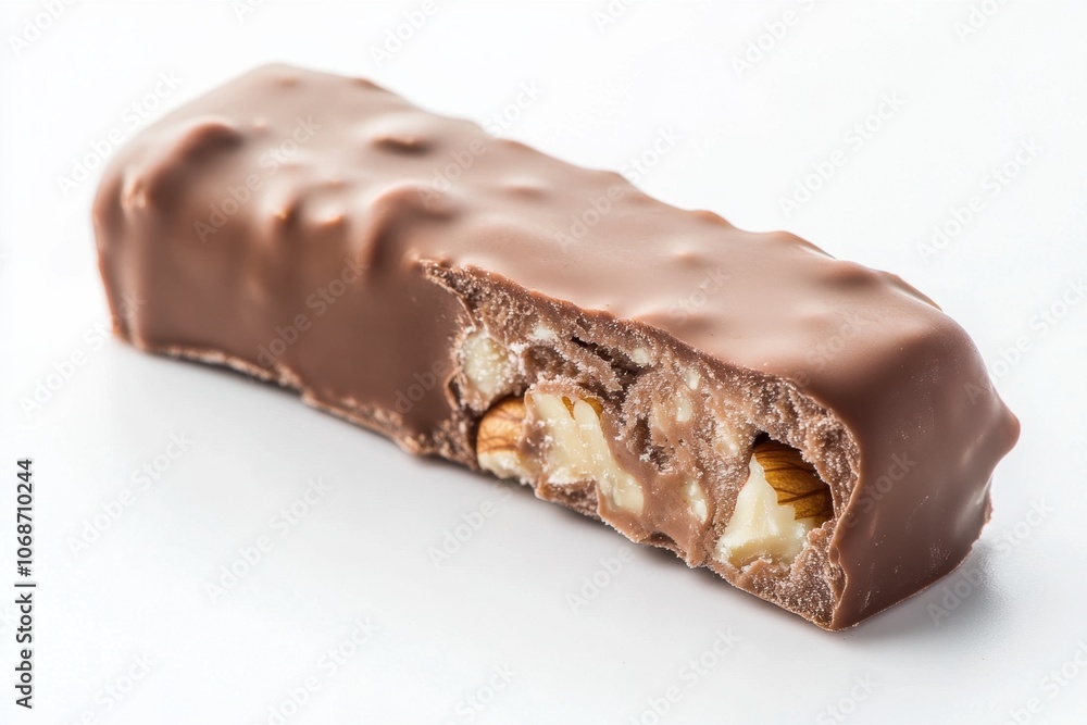 A close-up of a bite taken out of a chocolate-dipped ice cream bar with nuts. A close-up of a bite taken out of a chocolate-dipped ice cream bar with nuts.