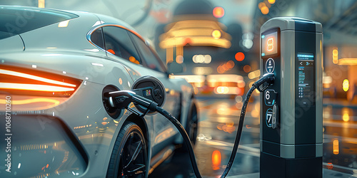 An AI driven vehicle refueling at a futuristic, solar powered station, with clean fuel options visible on the digital interface. photo