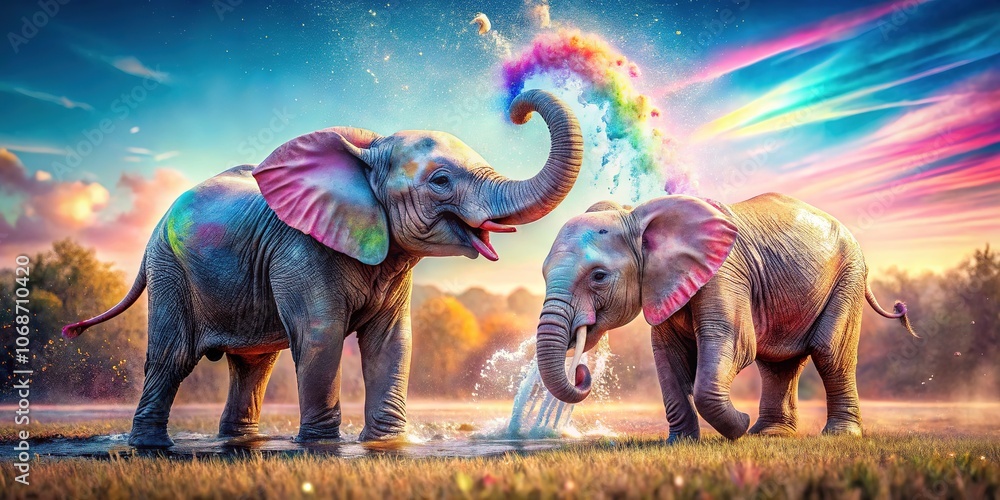Fototapeta premium Cute Baby Elephants, Rainbow Nursery Wallpaper, Vintage Photo