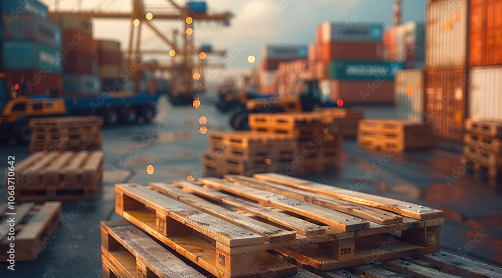 A wooden pallets arranged near a busy shipping yard, with large shipping containers, trucks, and forklifts in the background. A wooden pallets arranged near a busy shipping yard, with large shipping containers, trucks, and forklifts in the background.