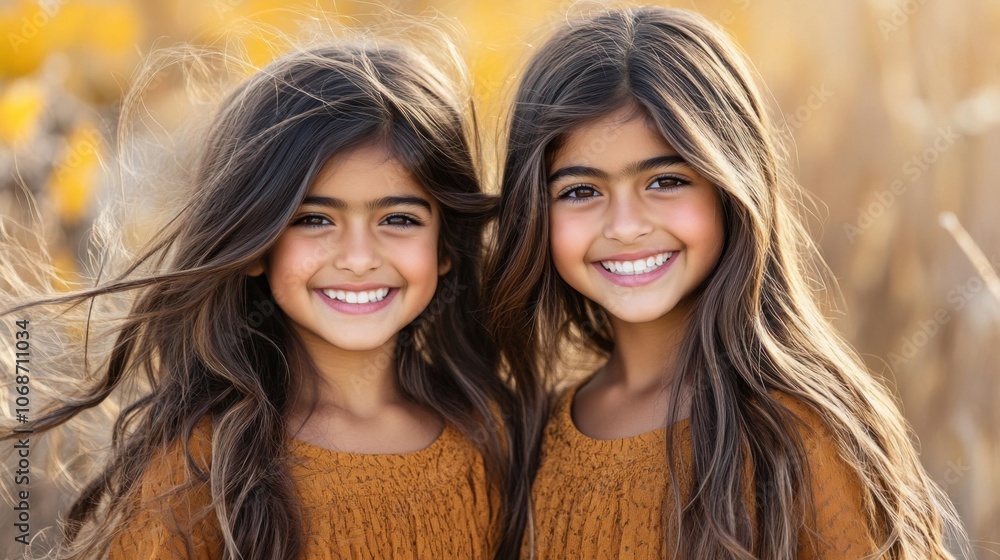 Obraz premium 秋の日差しの中で、髪をなびかせ、温かい笑顔を浮かべる楽しい双子の姉妹