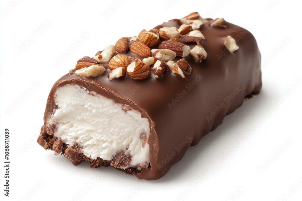 A close-up of a bite taken out of a chocolate-dipped ice cream bar with nuts. A close-up of a bite taken out of a chocolate-dipped ice cream bar with nuts.