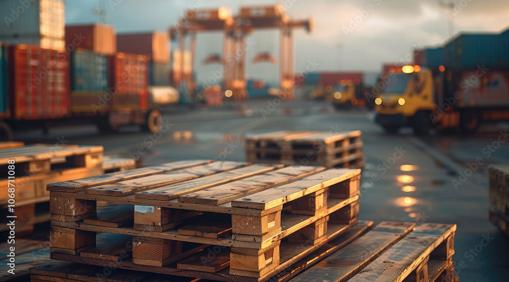 A wooden pallets arranged near a busy shipping yard, with large shipping containers, trucks, and forklifts in the background. A wooden pallets arranged near a busy shipping yard, with large shipping containers, trucks, and forklifts in the background.