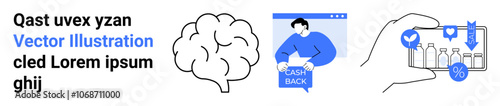 Brain outline, person holding cashback sign in browser, hand scanning products with mobile app. Ideal for educational content, tech blogs, finance apps, marketing campaigns, healthcare materials