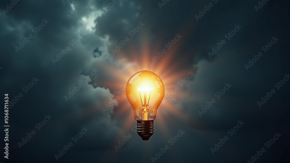 Light bulb in front of a very cloudy sky as a light in the darkness or idea to solve problems, help in difficult times as a signpost Light bulb in front of a very cloudy sky as a light in the darkness or idea to solve problems, help in difficult times as a signpost