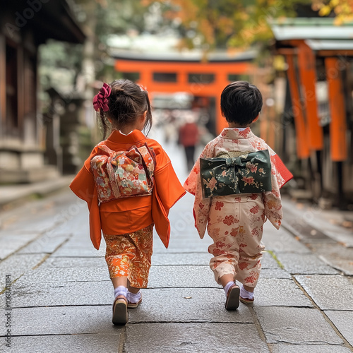 七五三詣で神社へ向かう兄妹