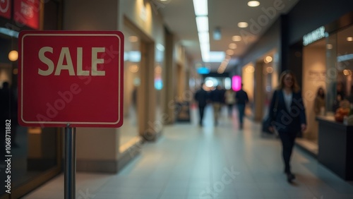 Shopping mall interior with prominent sale sign and shoppers in motion