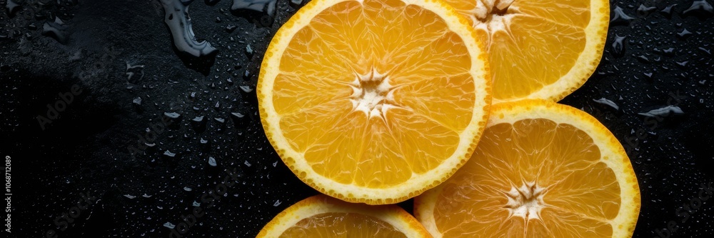 A banner with orange slices with water droplets. The orange slices are placed on a dark background. A banner with orange slices with water droplets. The orange slices are placed on a dark background.