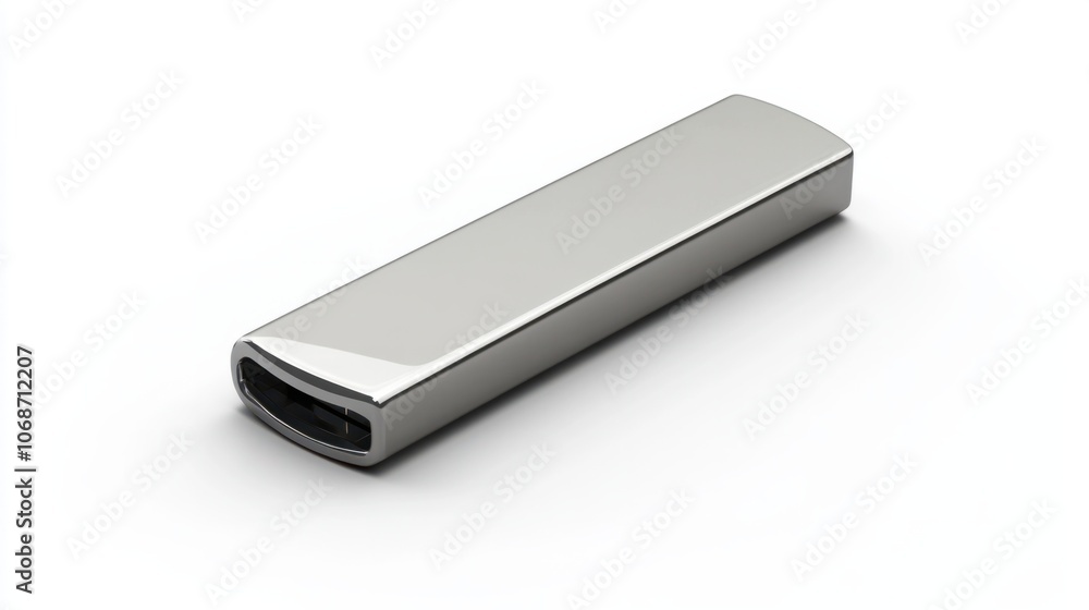 USB flash drive with a sleek metal design, isolated on a clean white background for storage themes USB flash drive with a sleek metal design, isolated on a clean white background for storage themes