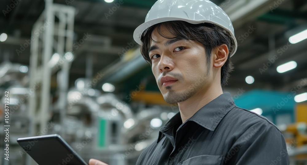 現代の製造工場でタブレットでデータを分析する産業エンジニア 現代の製造工場でタブレットでデータを分析する産業エンジニア
