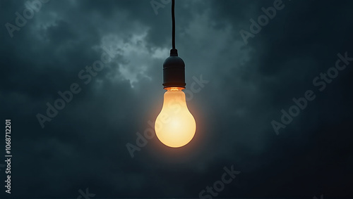 Light bulb in front of a very cloudy sky as a light in the darkness or idea to solve problems, help in difficult times as a signpost