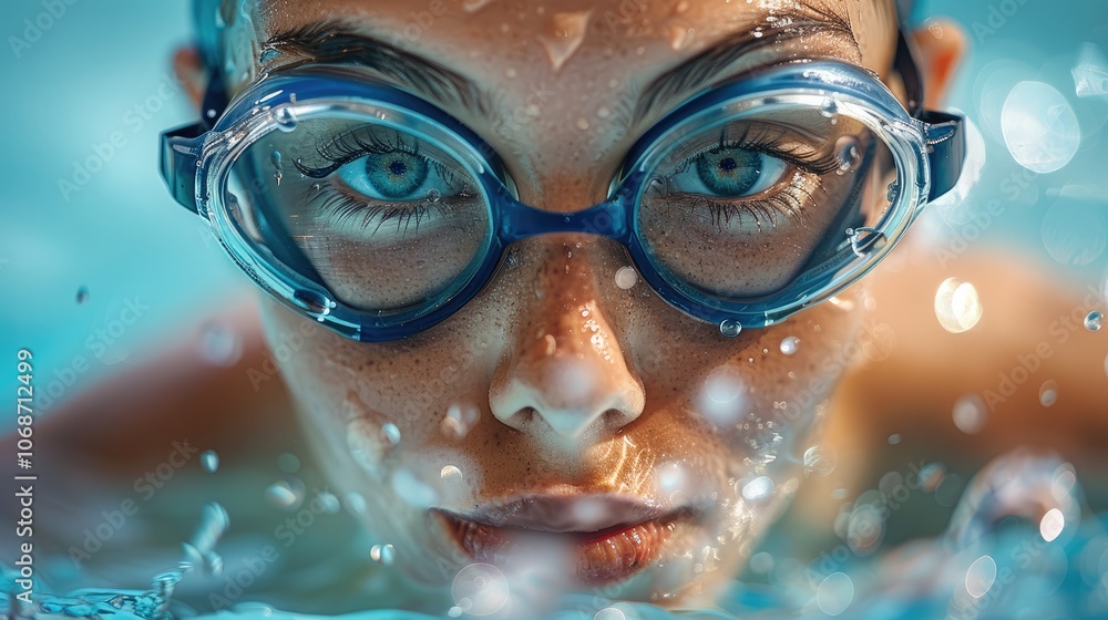 In the swimming pool, a female swimmer takes a breath while swimming freestyle. In the swimming pool, a female swimmer takes a breath while swimming freestyle.