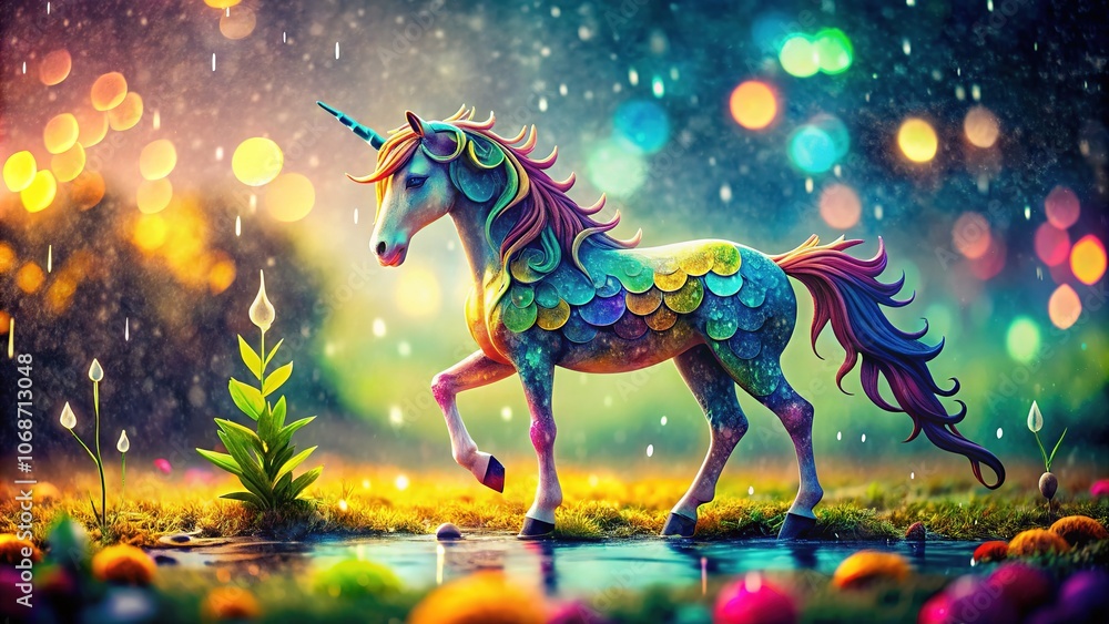Double-exposed unicorn, paper art, rainy day. Double-exposed unicorn, paper art, rainy day.