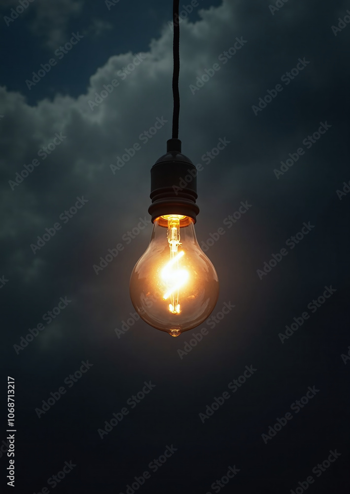 Light bulb in front of a very cloudy sky as a light in the darkness or idea to solve problems, help in difficult times as a signpost Light bulb in front of a very cloudy sky as a light in the darkness or idea to solve problems, help in difficult times as a signpost