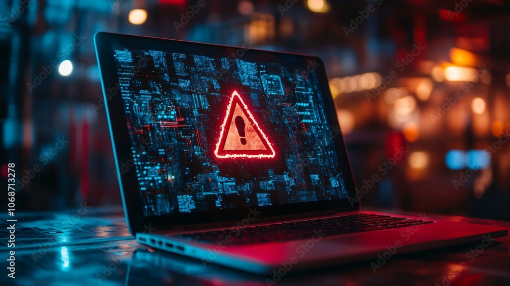 Laptop screen shows a warning sign, symbolizing global tech outages and system hacks Laptop screen shows a warning sign, symbolizing global tech outages and system hacks