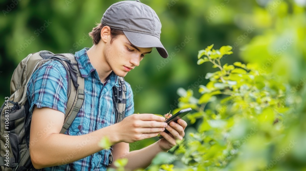 Fototapeta premium Young Explorer Using Smartphone in Nature