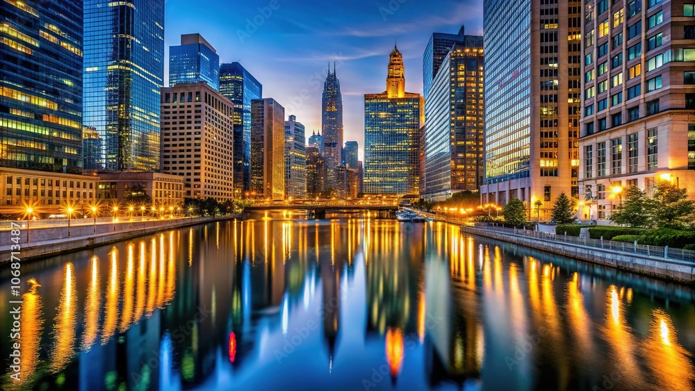 Obraz premium Downtown Chicago, river reflections. Night photography.