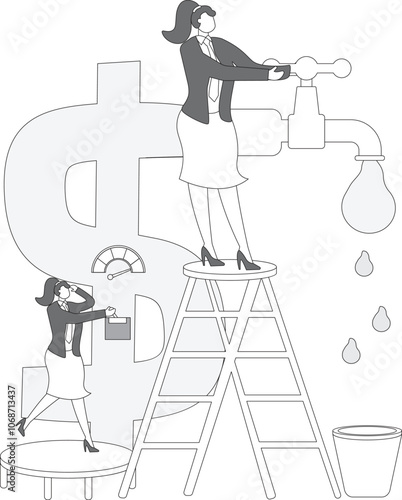 Businesswoman team turning on dollar sign tap but no water from the faucet