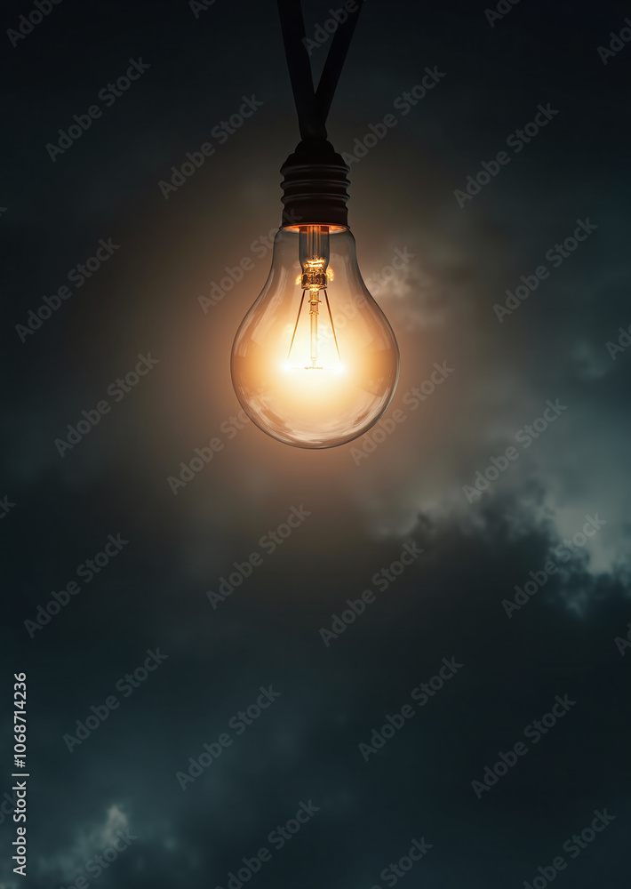 Light bulb in front of a very cloudy sky as a light in the darkness or idea to solve problems, help in difficult times as a signpost Light bulb in front of a very cloudy sky as a light in the darkness or idea to solve problems, help in difficult times as a signpost