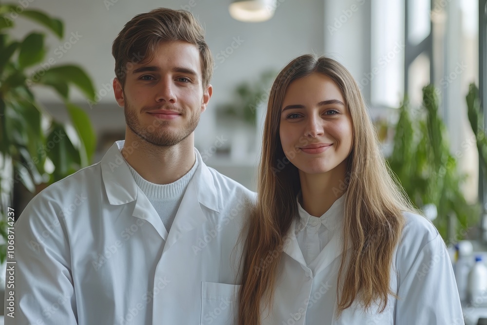 Young scientists wearing lab coats smile together in a modern laboratory setting with plants Young scientists wearing lab coats smile together in a modern laboratory setting with plants