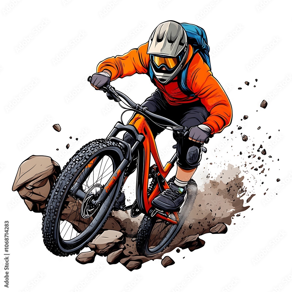 Obraz premium Cartoon Mountain Biker Riding Down Rocky Trail