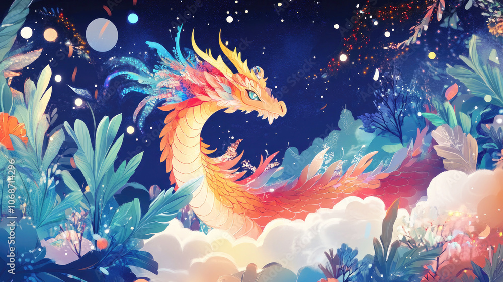 Vibrant illustration of a Chinese dragon in a mystical, enchanted forest, celebrating Chinese New Year with fantasy and elegance... Vibrant illustration of a Chinese dragon in a mystical, enchanted forest, celebrating Chinese New Year with fantasy and elegance...