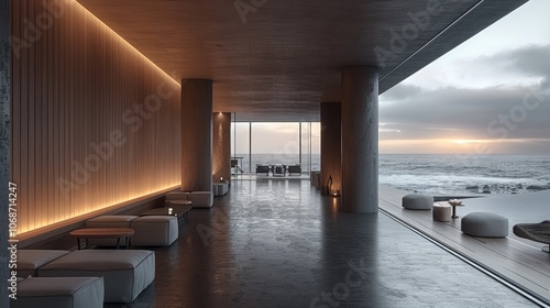 The minimalist interior design of the hotel is made with dark wood walls and a concrete floor with lighting and ocean view. photo