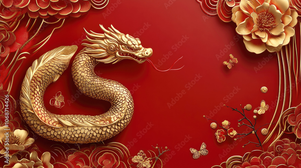 Golden Chinese dragon on a red background with floral decorations, symbolizing strength, prosperity, and elegance for the Chinese New Year... Golden Chinese dragon on a red background with floral decorations, symbolizing strength, prosperity, and elegance for the Chinese New Year...