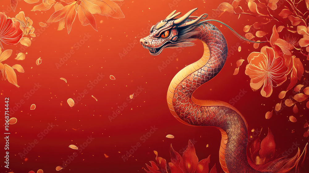 Fototapeta premium greeting cards Chinese dragon in a floral setting on an orange background, symbolizing strength and prosperity in the Chinese New Year celebration...