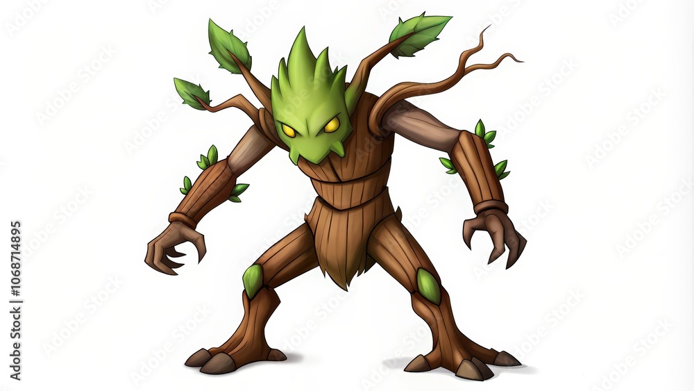 Fototapeta premium Anthropomorphic Tree Creature with Claws and Green Leaves