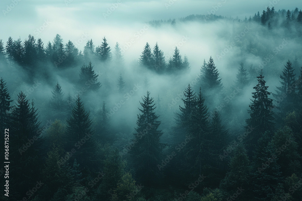 Misty forest landscape with towering trees in soft morning light Misty forest landscape with towering trees in soft morning light