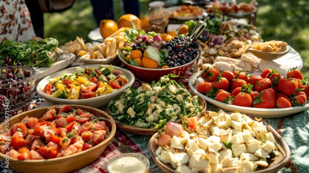Assorted salads and snacks on the table at a picnic in the park - Generated AI Assorted salads and snacks on the table at a picnic in the park - Generated AI