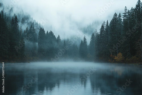 Misty lake landscape surrounded by evergreen trees at dawn