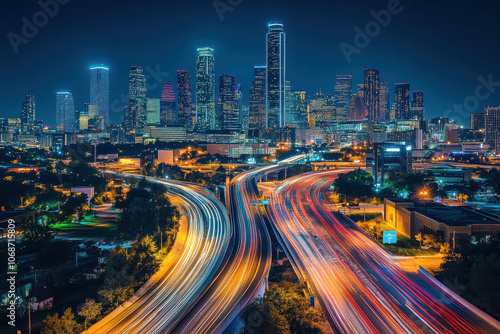 City skyline at night with light trails