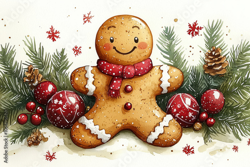 Gingerbread man with a red hat and scarf, festive pine backdrop.