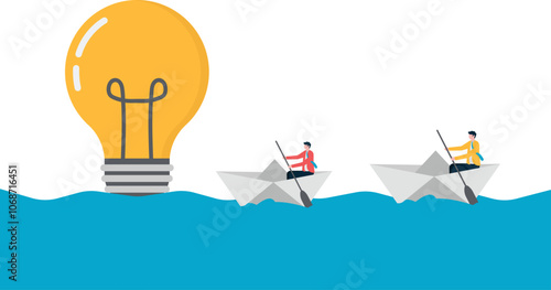 White-collar workers are sailing in the sea, and the light bulb guides the direction.
