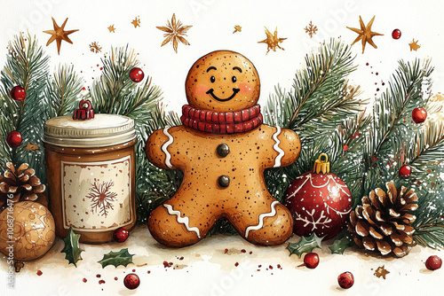 Gingerbread man with a red hat and scarf, festive pine backdrop.