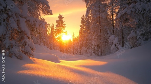 Sunset in the winter forest. Beautiful winter landscape. Sunrise. - Generated AI