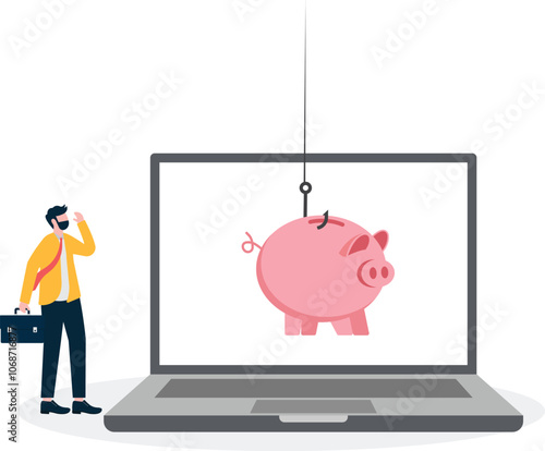 fishhook, computer, piggy bank. Steal money online.

