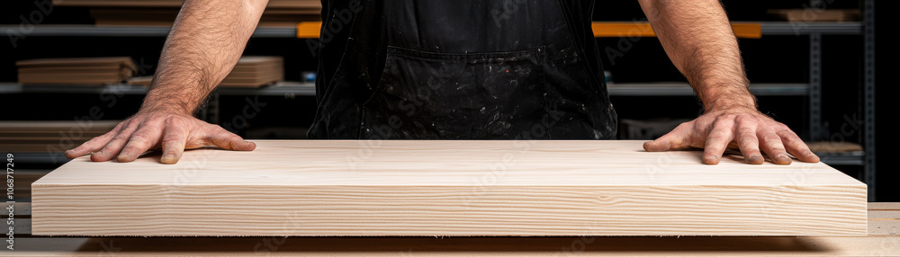 A craftsman stands behind a wooden table, hands resting on the surface, showcasing craftsmanship in a workshop setting. A craftsman stands behind a wooden table, hands resting on the surface, showcasing craftsmanship in a workshop setting.
