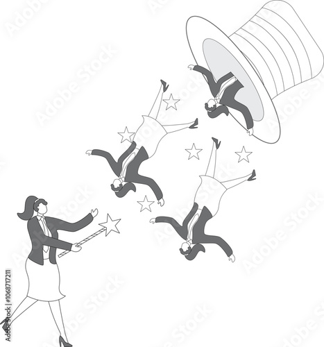 Businesswoman waves the magic wand and then group of people pop out of the magic hat
