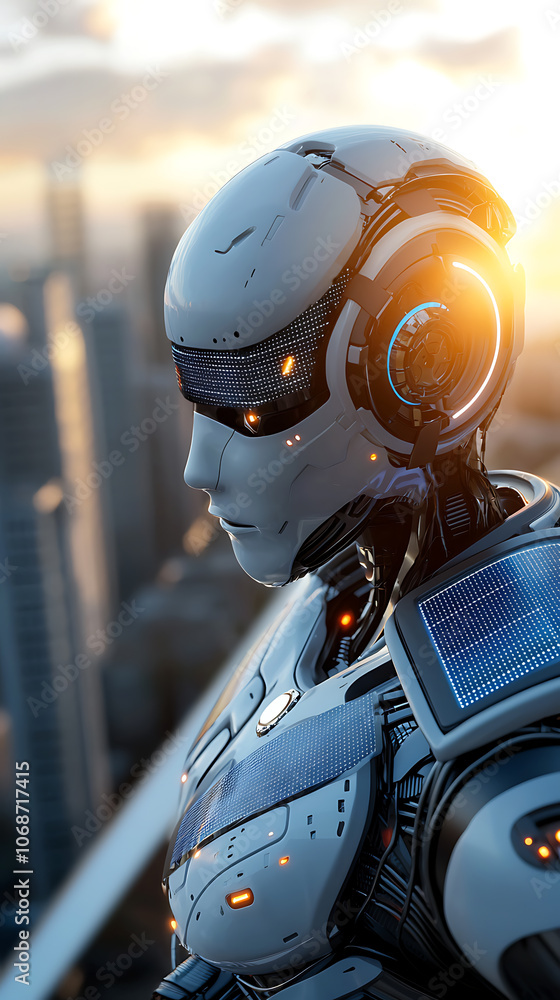 Fototapeta premium Ai-driven robots enhance urban skyline with sustainable solar panel cleaning technology