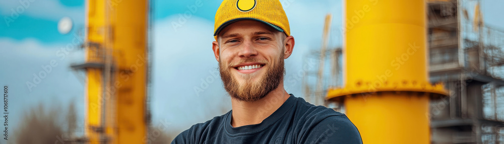 A smiling worker in a hard hat stands confidently before large yellow industrial pipes on a construction site, radiating optimism and craftsmanship. A smiling worker in a hard hat stands confidently before large yellow industrial pipes on a construction site, radiating optimism and craftsmanship.