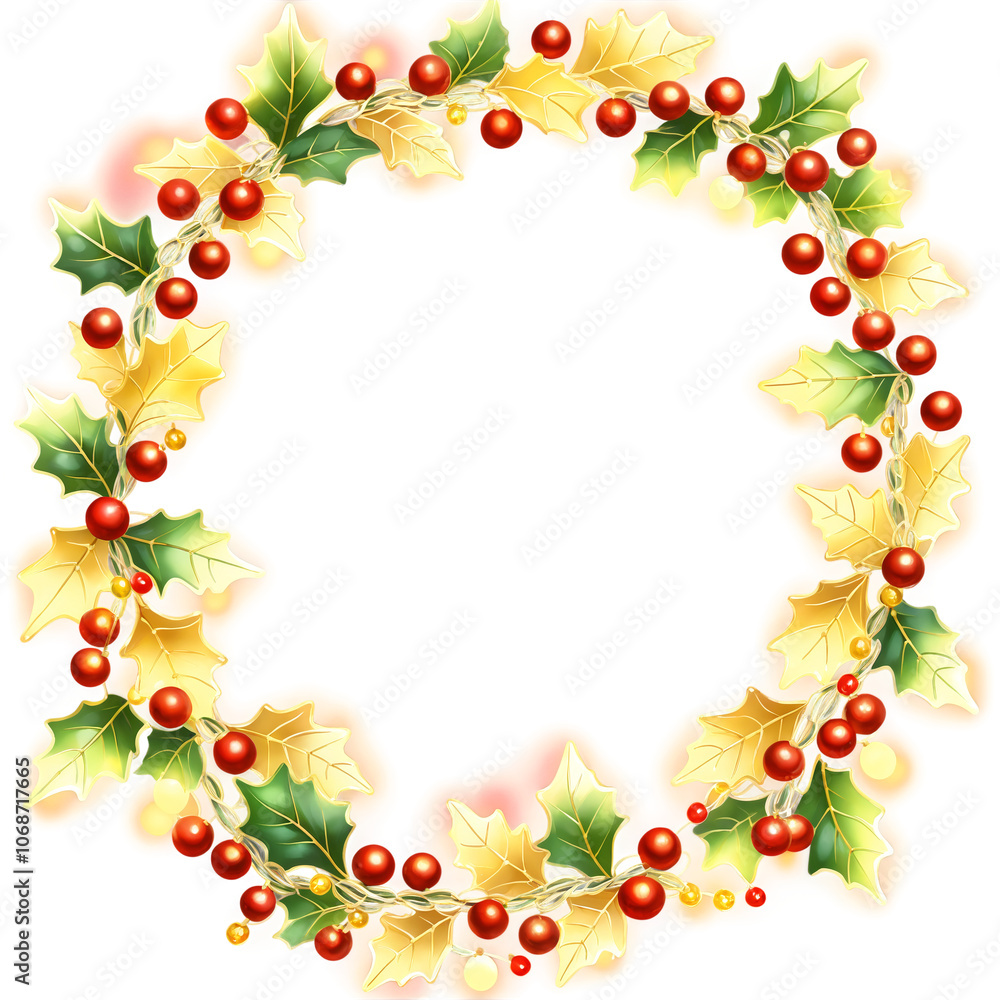 A yellow wreath with red berries and green leaves on transparent background A yellow wreath with red berries and green leaves on transparent background