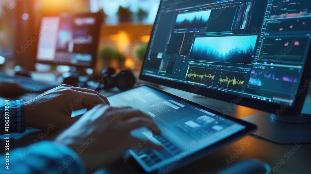Hands using a tablet for video editing, professional setup with bright screen Hands using a tablet for video editing, professional setup with bright screen